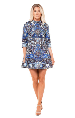 Comino Couture Blue Hue Folk Print Dress UK 8