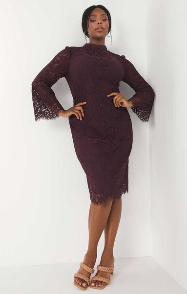 Simply Be Wine Lace Bodycon Midi with Flare Sleeves