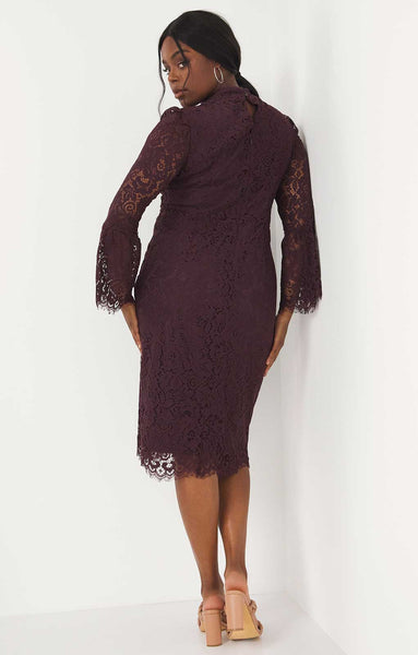 Simply Be Wine Lace Bodycon Midi with Flare Sleeves