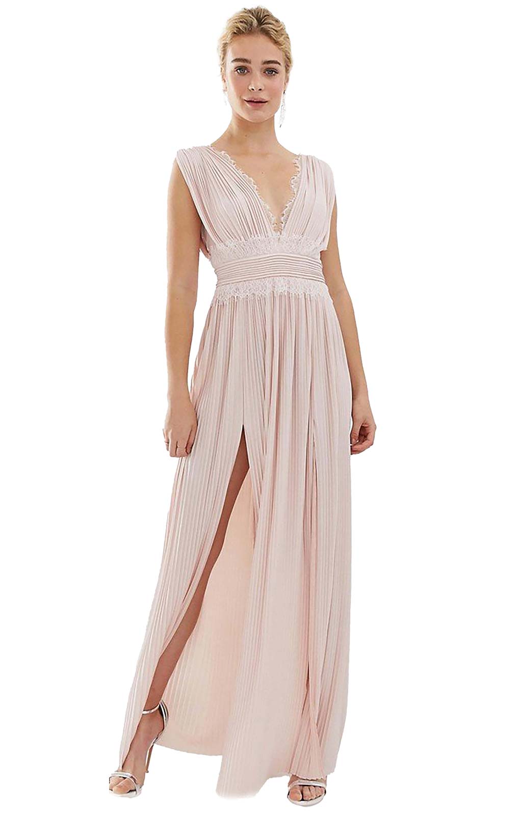 ASOS Design Premium Pink Lace Insert Pleated Maxi Dress UK 18
