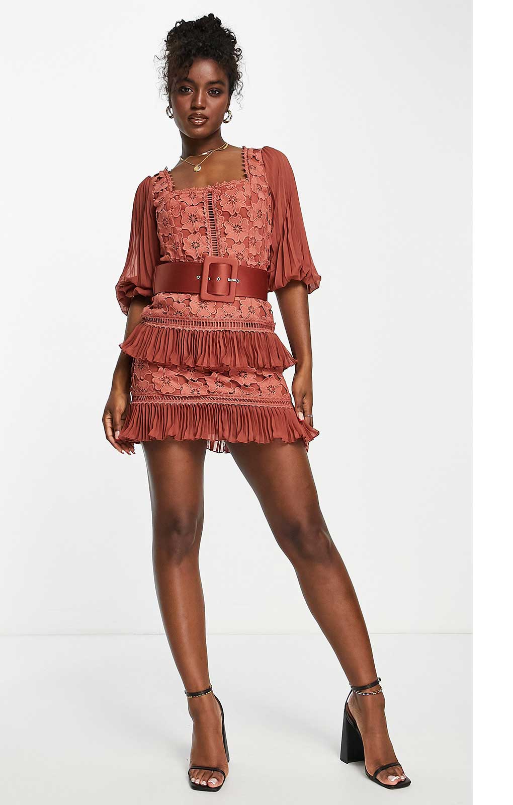 Asos Design Lace Mini Dress With Pleated Chiffon And Satin Belt In Rust Orange