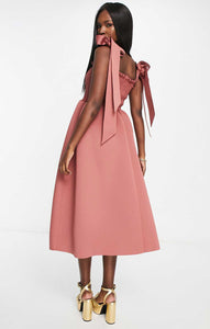 Asos Design Shirred Bunny Tie Prom Midi Dress In Rose Pink