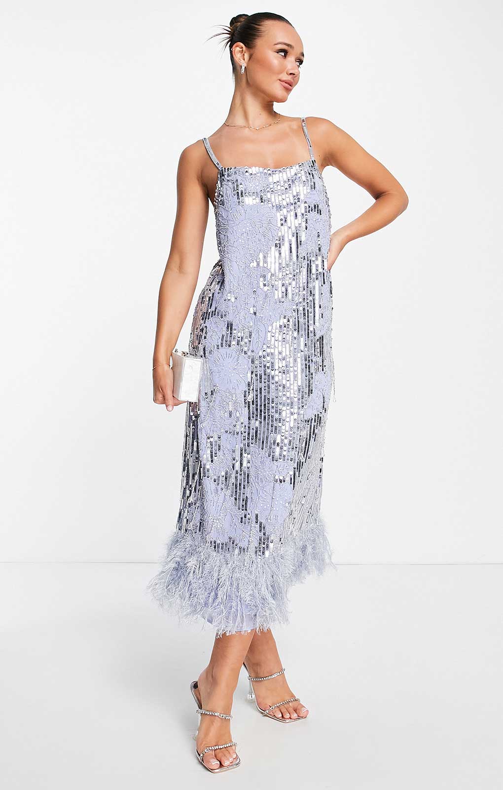 Asos Edition Floral Sequin And Bead Midi Dress With Faux Feather Hem In Violet