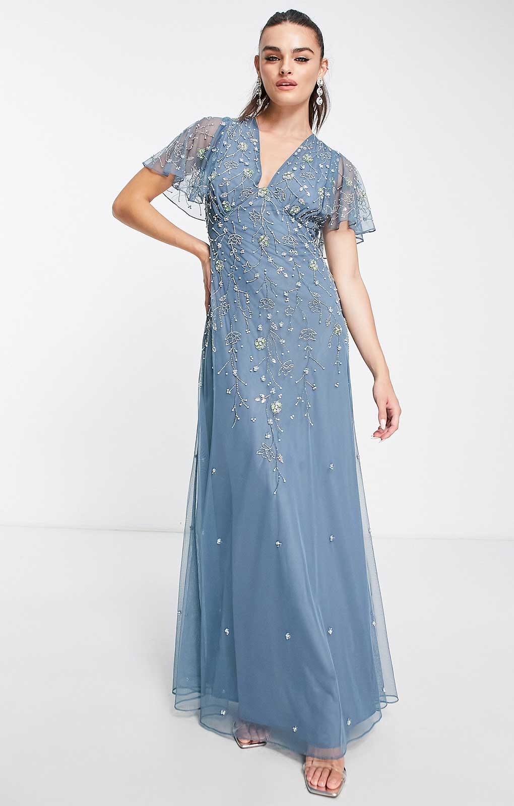 Asos Design Flutter Sleeve Maxi Dress With Trailing Floral Embellishment In Blue UK 6