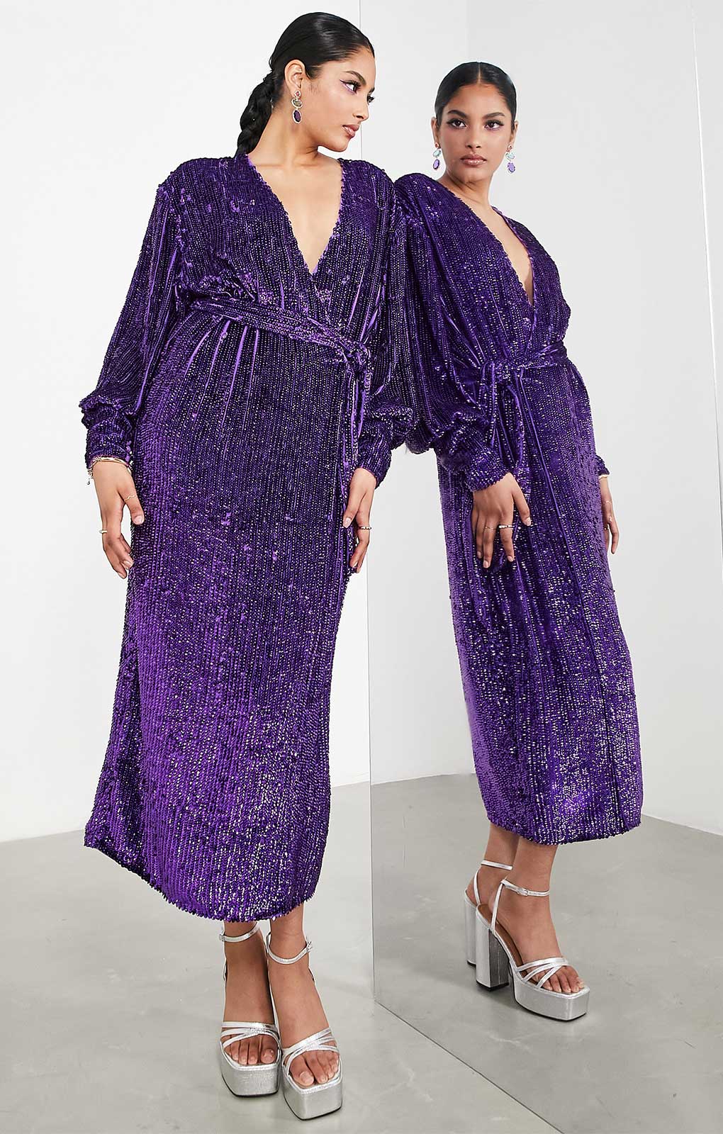 Asos Edition Sequin Wrap Midi Dress In Purple UK 16