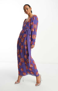 Asos Edition Sequin Wrap Midi Dress In Floral Sequin In Purple