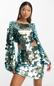 Asos Design All Over Disc Sequin Mini Dress With Multi Layered Detail In Blue UK 6