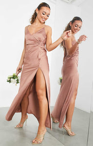 Asos Edition Satin Cami Maxi Dress With Drape Detail In Cinnamon Rose