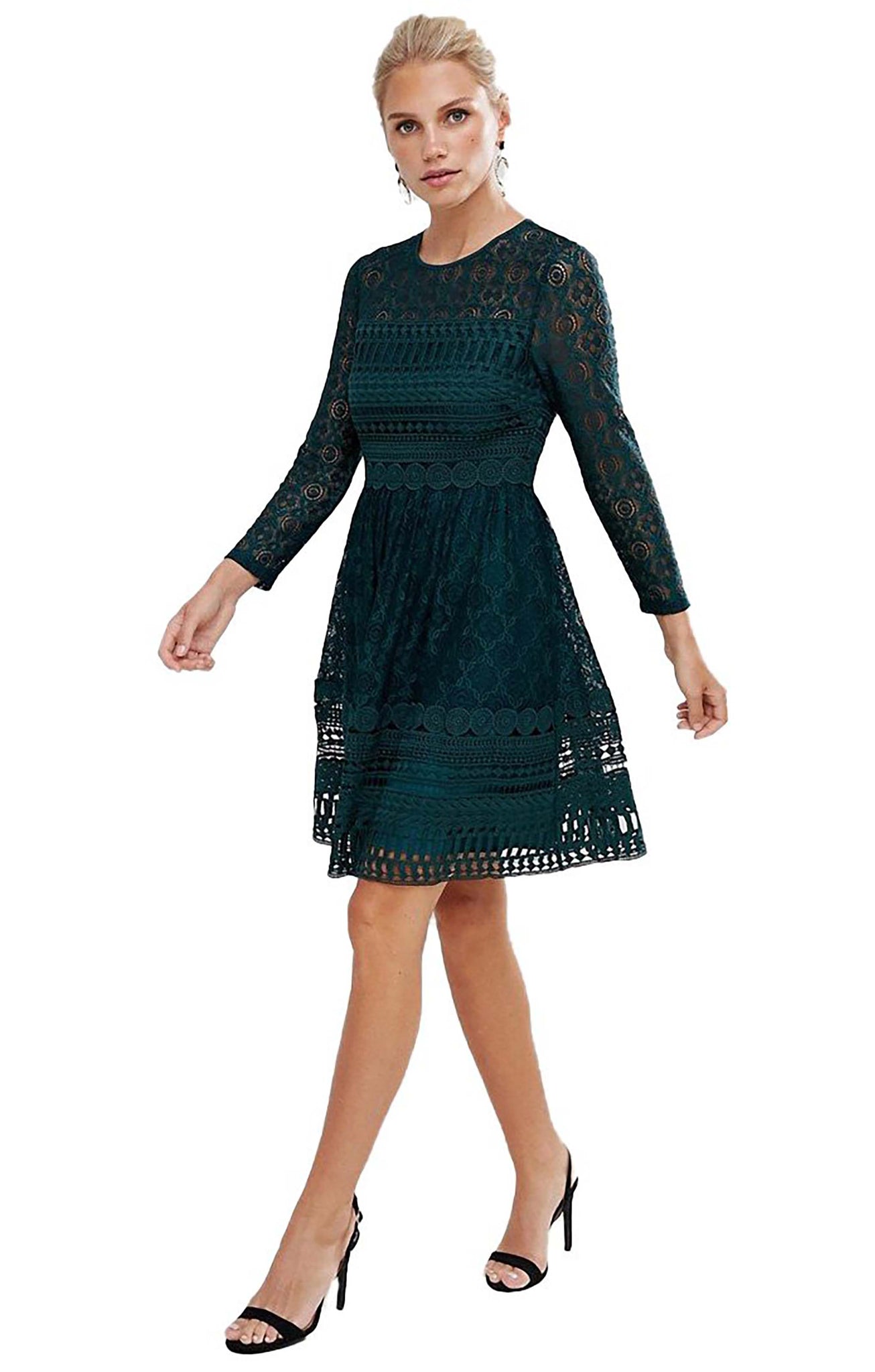 ASOS DESIGN Premium Lace Mini Skater Dress with Long Sleeves UK 6
