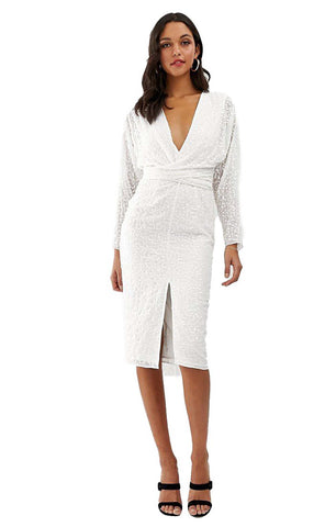 ASOS DESIGN White Midi Dress With Batwing Sleeve And Wrap Waist In Scatter Sequin UK 10
