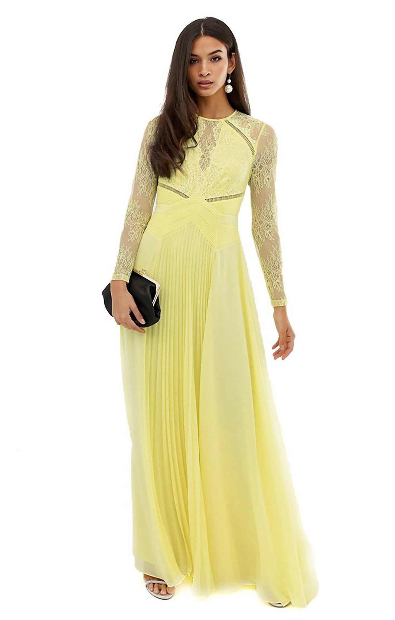 ASOS DESIGN L/S Lace Panelled Pleat Maxi Dress