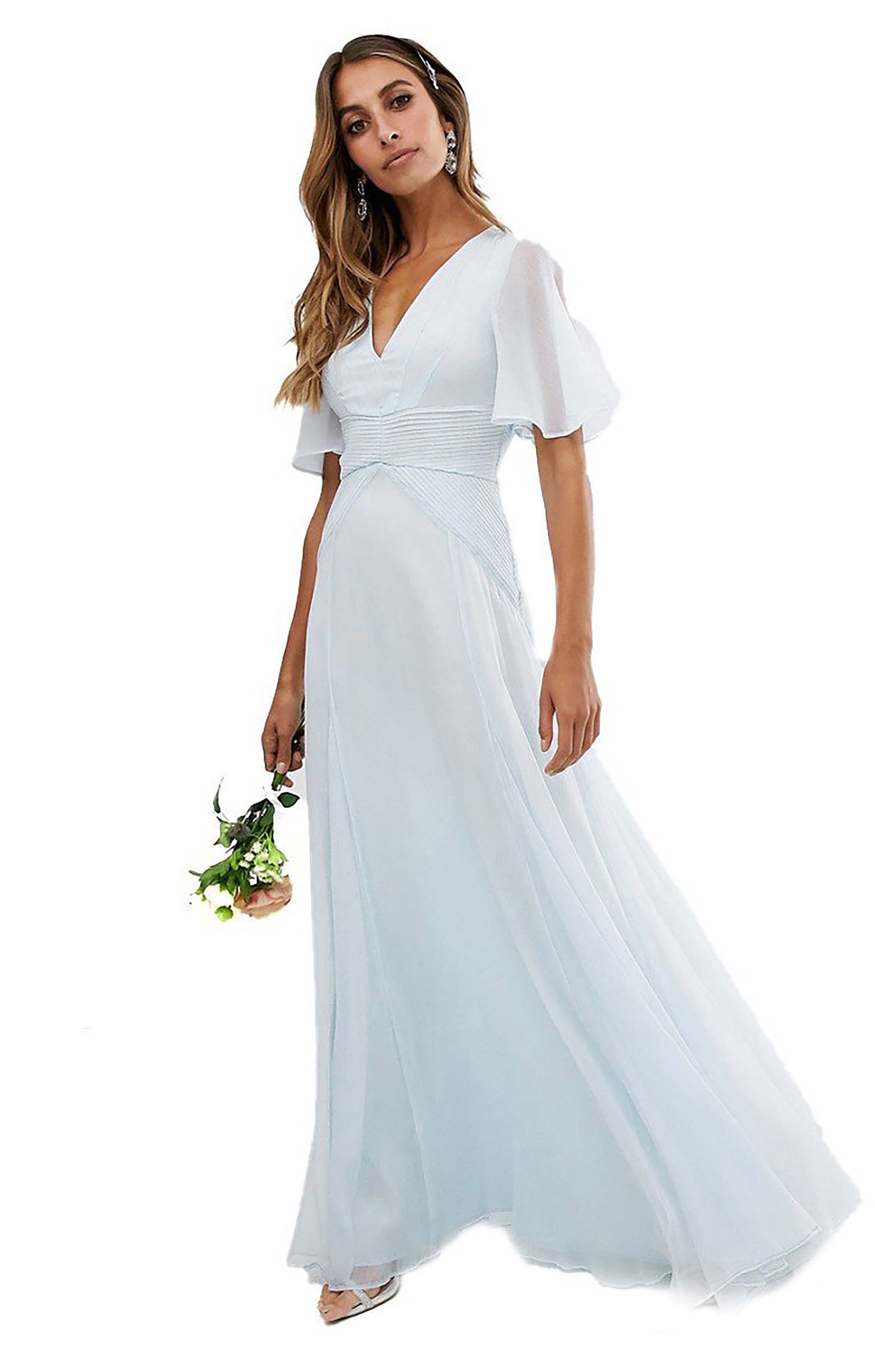 ASOS DESIGN BRIDESMAID Flutter Sleeve Maxi Dress With Pleated Waist