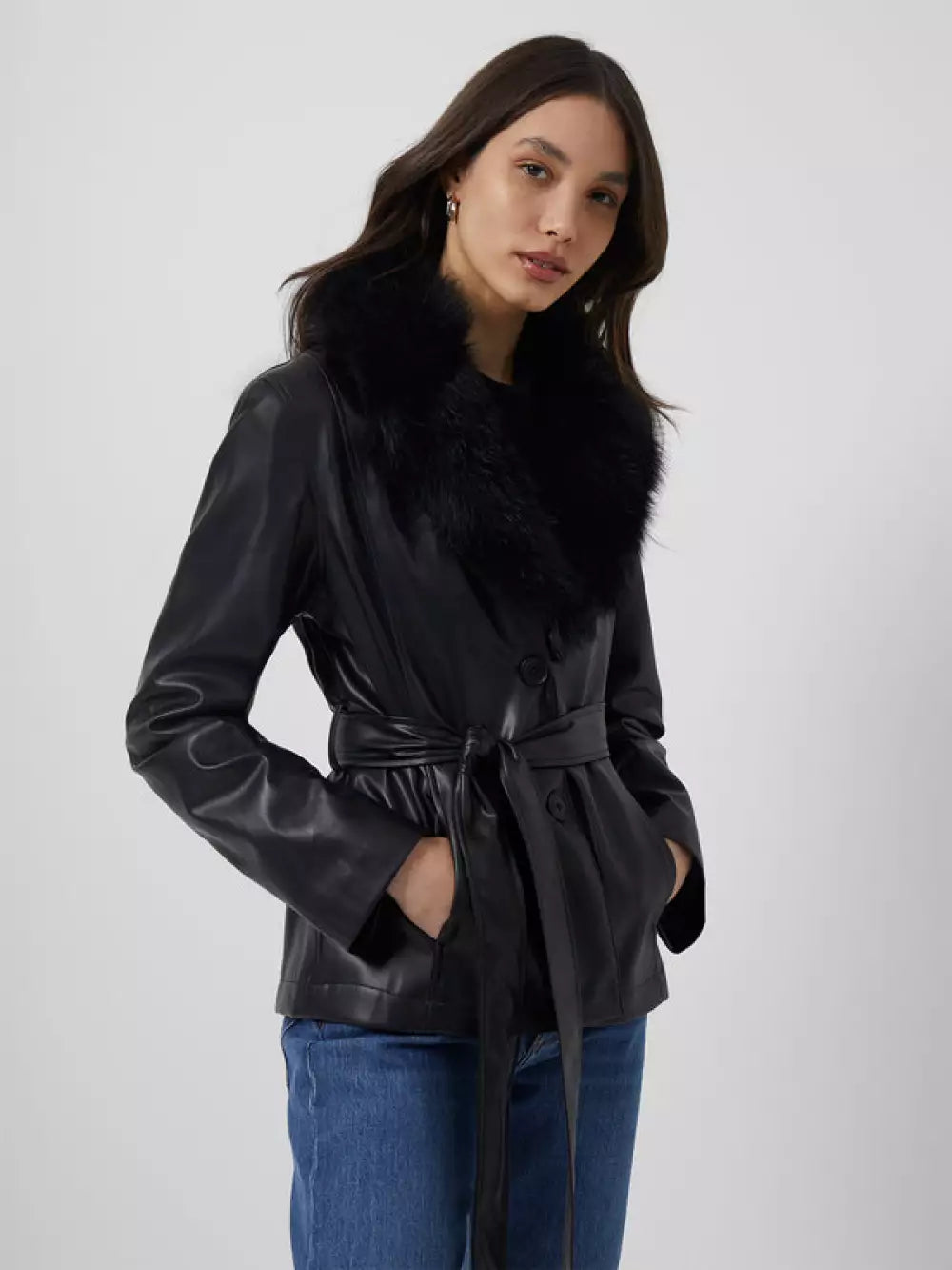 French Connection Etta Vegan Leather Faux Fur Short Jacket UK 6
