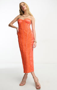 Asos Design Bandeau Mesh Ruched Midi Dress With Satin Insert In Orange