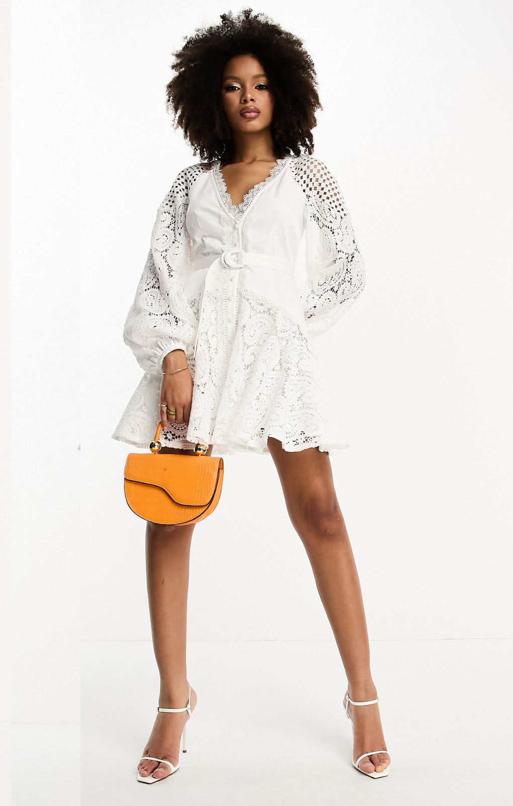 Asos Design Lace Insert Belted Mini Dress With Button Detail In White