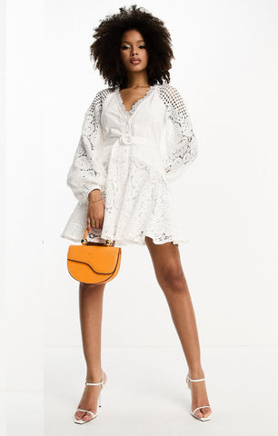 Asos Design Lace Insert Belted Mini Dress With Button Detail In White