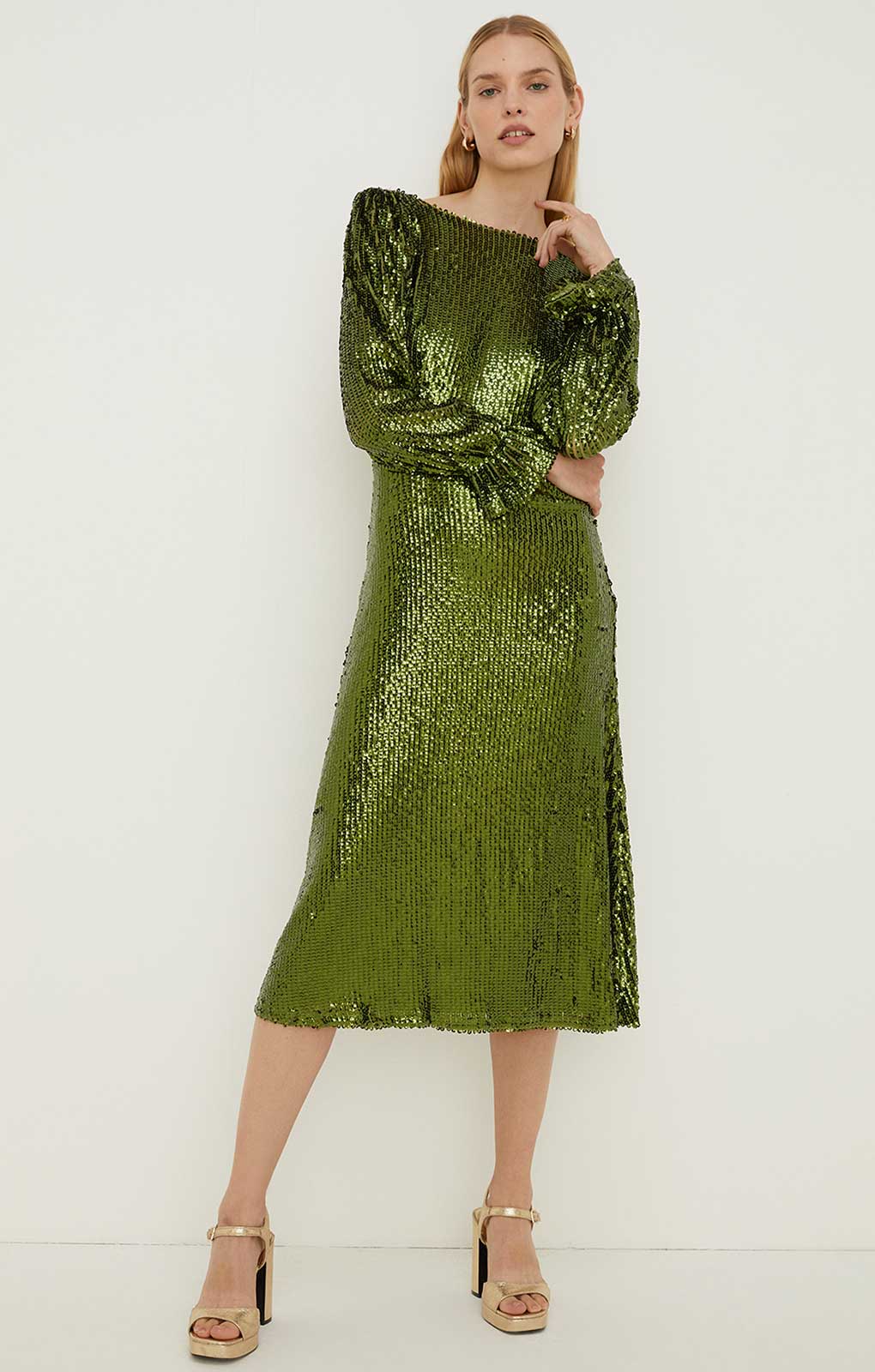 Oasis Rachel Stevens Sequin V Back Long Sleeve Midi Dress