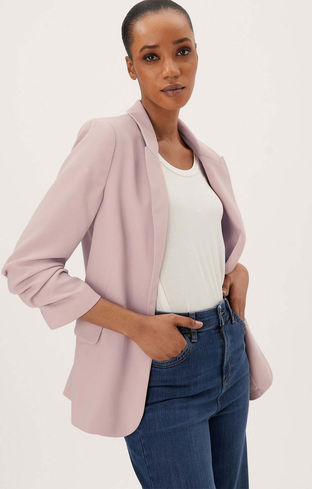 M&S Dusty Pink Crepe Ruched Sleeve Jacket