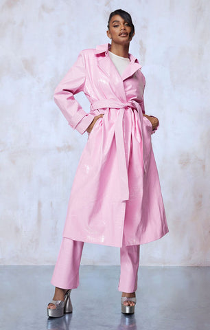 Boohoo X Kourtney Kardashian Bubblegum Pink Vinyl Trench & Flared Trouser Co-Ord