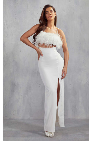 White Maeve Premium Satin Feather Maxi Dress