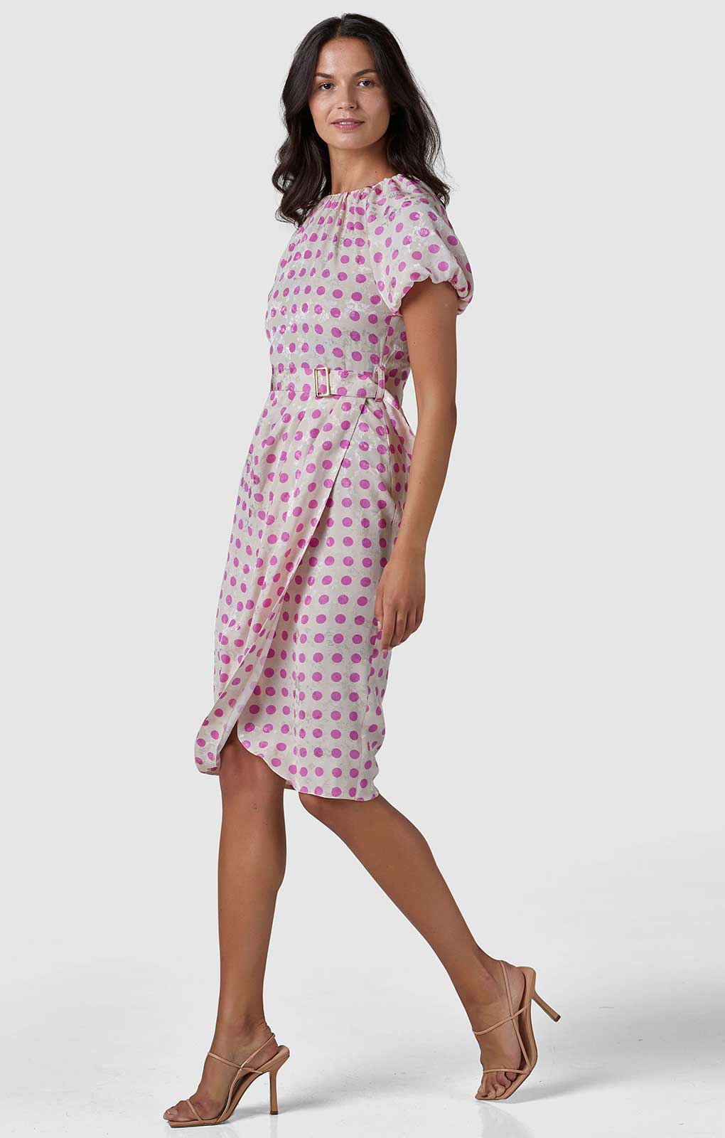 Cream Polka Dot Print Gathered Sleeve Midi Dress