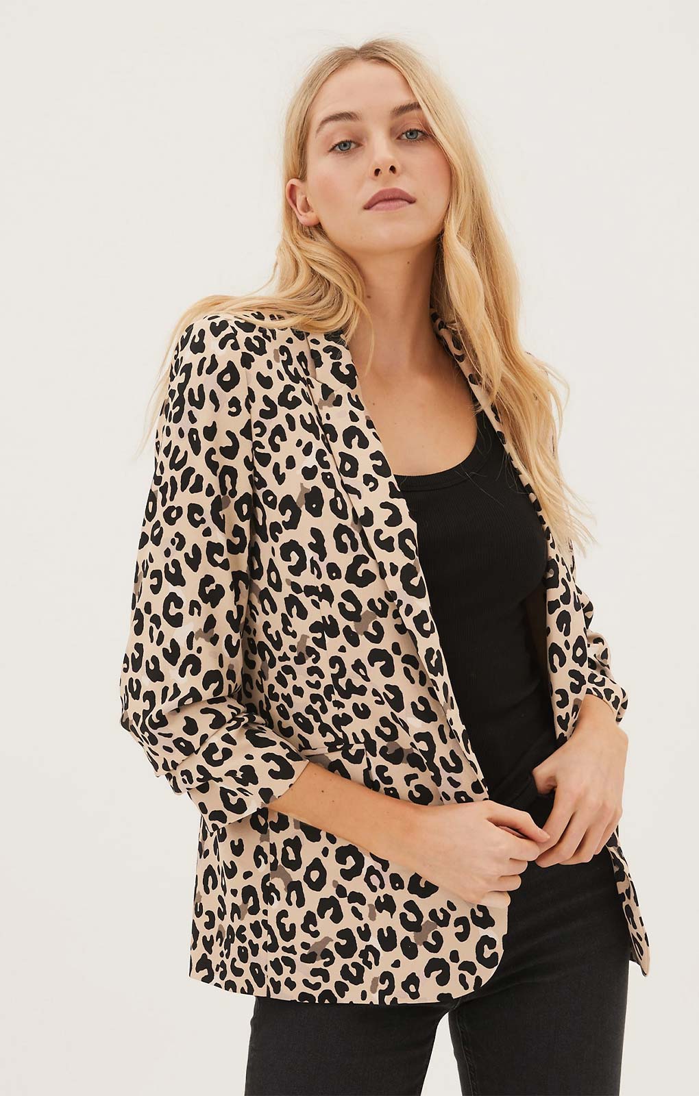 M&S Leopard Crepe Ruched Sleeve Jacket