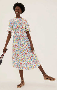 M&S Collection Pure Cotton Floral Midi Waisted Dress
