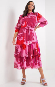 Simply Be Pink Print Tiered Dress UK 22